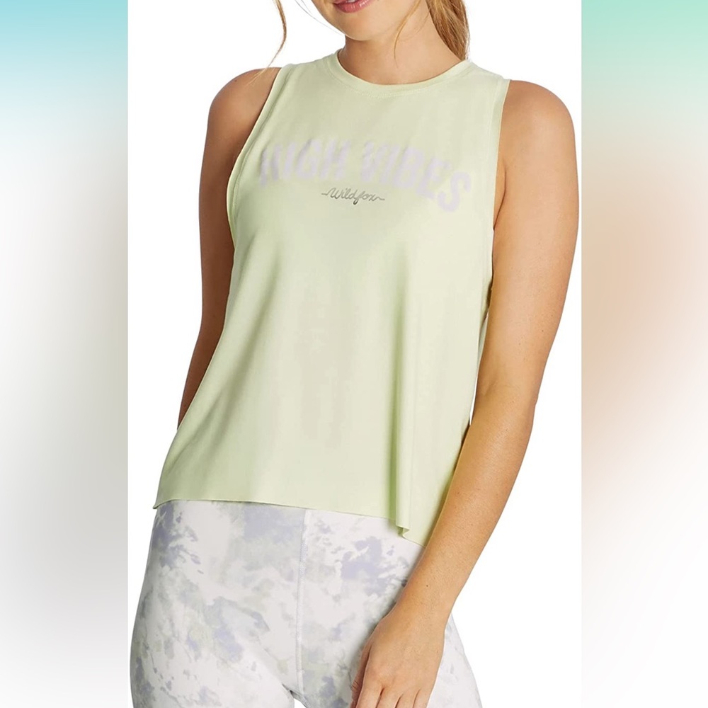 Wildfox High Vibes Shadow Lime Neon Sleeveless Throwback Crop Tank Muscle Top